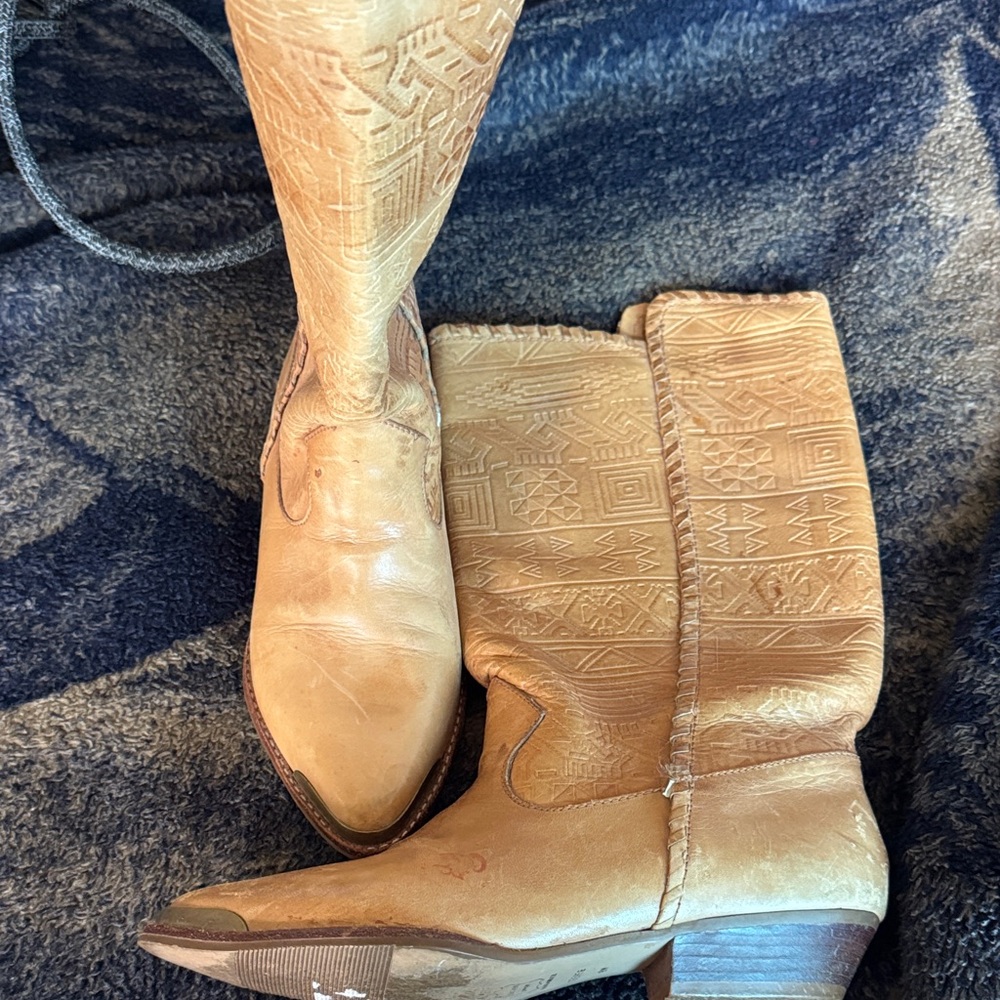 Vintage Embossed Tan Heeled Boots for Women